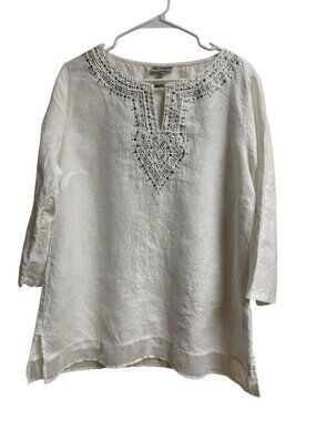 JM Collection 100% Linen White Tunic Top L Beaded Embellished